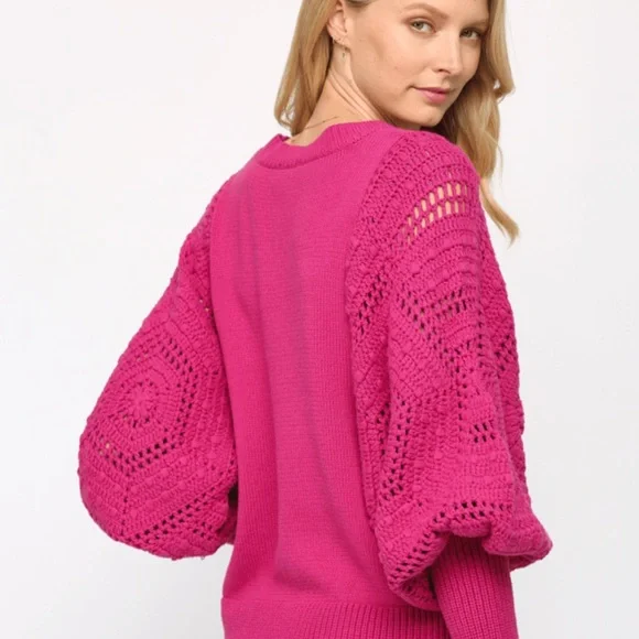 🩷FATE HOT PINK BARBIE CORE HAND KNIT CROCHET BALLOON SLEEVE SWEATER SIZE MEDIUM - Picture 13 of 13